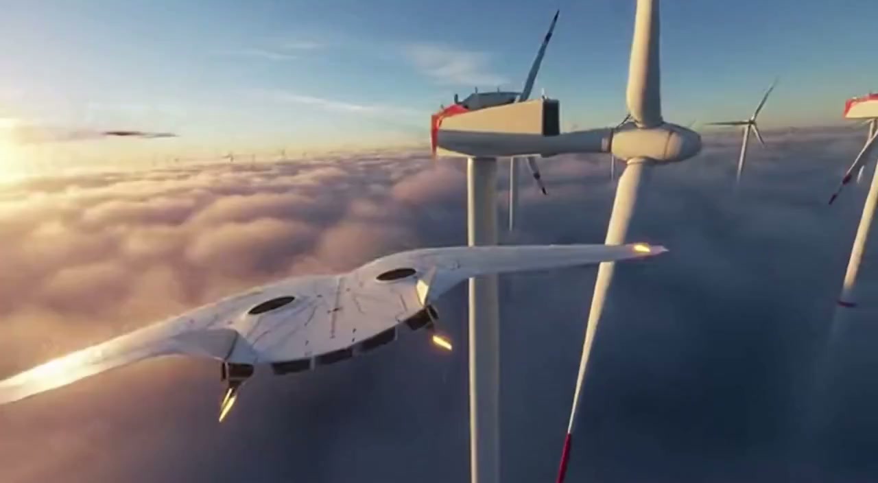 穿云破雾的风力涡轮机环绕镜头