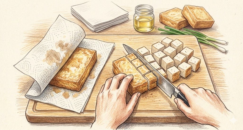 纸巾轻拭吸油利刃切块金黄炸豆腐